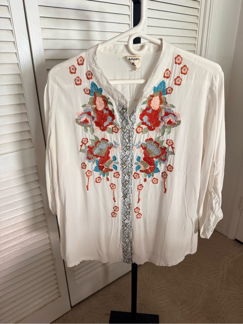 paper doll White Embroidered Boho Tunic with Red and Blue Floral Accents
